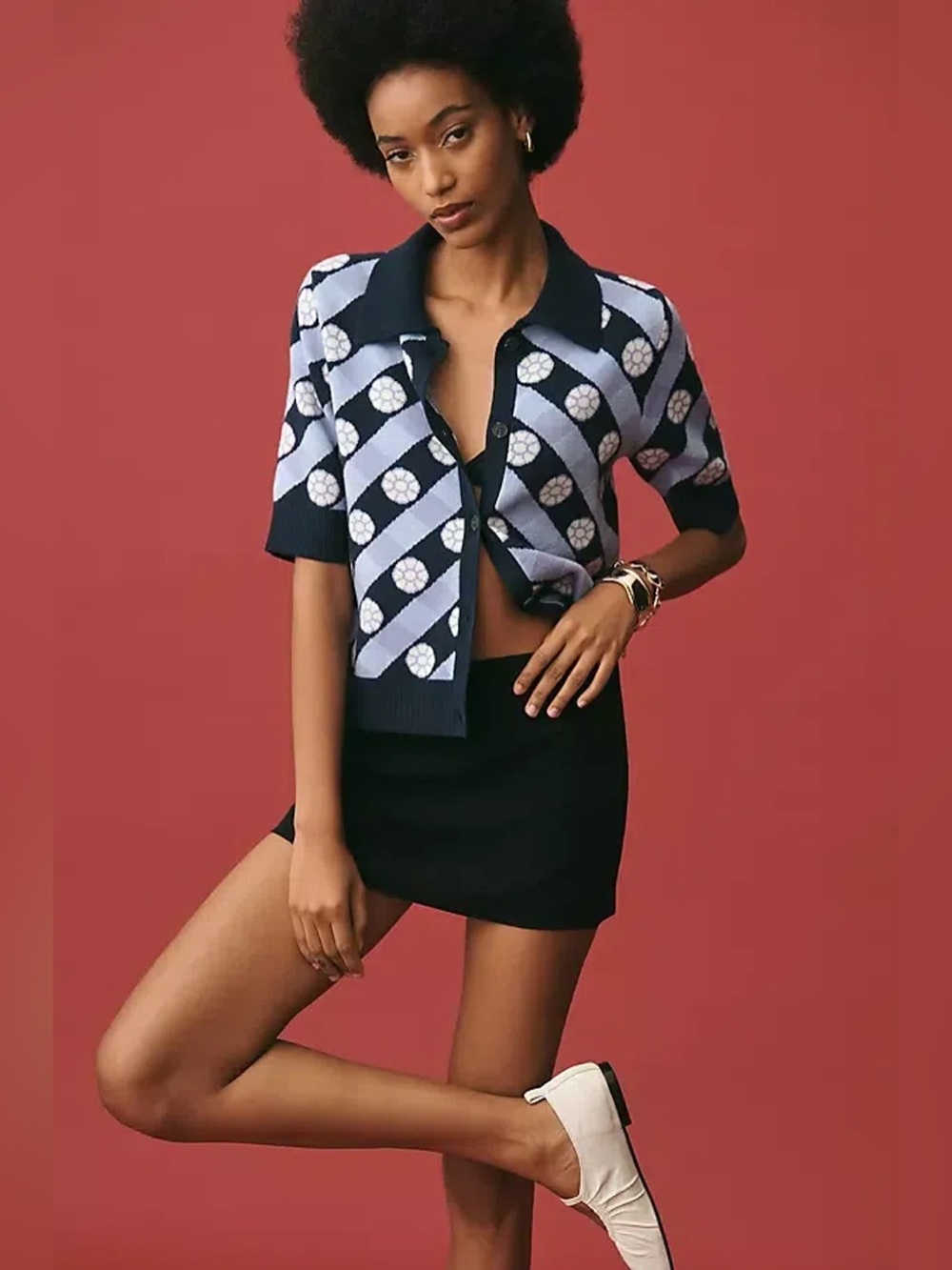 Maeve The Kinsley Collared Cropped Cardigan Sweater retro print
